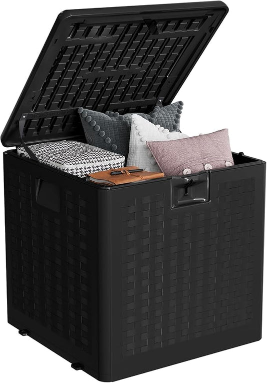 28 Gallon Outdoor Storage Box, Large Resin Deck Box with Lockable Lid & UV Resistant, All-Weather Deck Box for Patio Furniture, Pool Accessories, Gardening Tools, Black