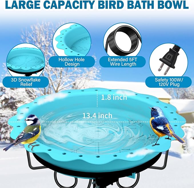 Heated Bird Bath for Outside Winter, Powerful 100W Thermostat Control Heated Bird Baths for Outdoors with 5-Prong Metal Stake, Heated Birdbath Water Heater for Garden Yard Patio Lawn (Blue)