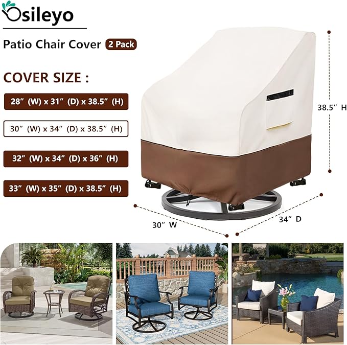 Patio Chair Covers 2 Pack,Swivel Lounge Chair Cover,Waterproof Heavy Duty Patio Furniture Covers for Outdoor Swivel Lounge Chair(30 W x 34 D x 38.5 H inches) Beige & Brown