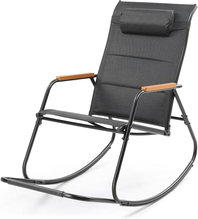 VINGLI Outdoor Rocking Chair, 450lbs Capacity Portable Outdoor Rocker with Footrest, Hard Armrests, Pillow, All Weather Porch Rocker for Garden, Living Room, Patio, Lawn (Black, with footrest)