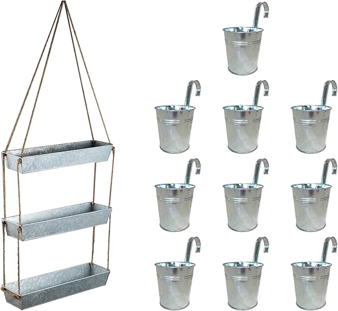 LaLaGreen Bundle - 3 Tier, 16 Inch Wall Hanging Planter + 10 Pack, 6 Inch Silver Metal Flower Pots Deck Railing Fence Balcony, Succulent Rectangle Long Large Hanging Vertical Shower Plant Garden Decor