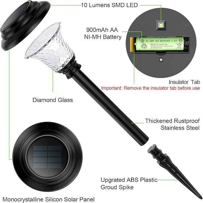Glass Solar Lights Outdoor waterproof, 2 Pack Super Bright Solar Pathway Lights, Up to 12 Hrs Long Last Auto On/Off Garden Lights Solar Powered, Stainless Steel LED Light For Yard Landscape Cool White