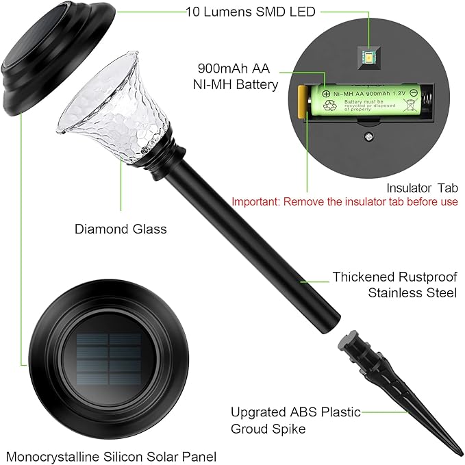 Glass Solar Lights Outdoor waterproof, 2 Pack Super Bright Solar Pathway Lights, Up to 12 Hrs Long Last Auto On/Off Garden Lights Solar Powered, Stainless Steel LED Light For Yard Landscape Warm White