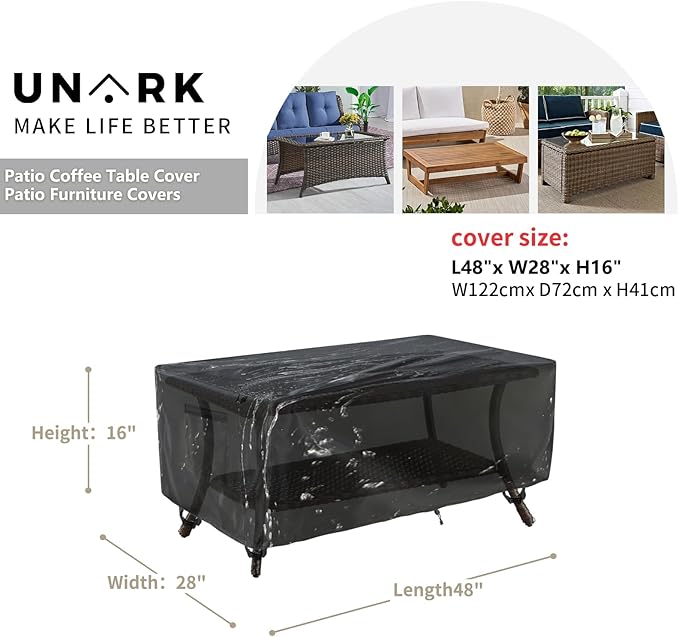 Outdoor Patio Coffee Table Cover, 600D Waterproof Heavy Duty Outdoor Table Cover, Patio Furniture Covers 48 x 28 x 16 inches Black