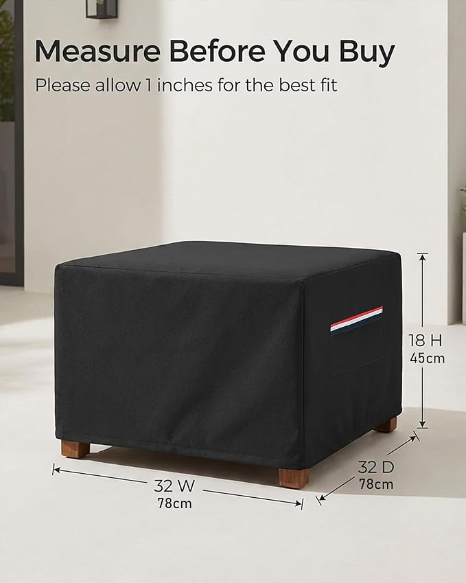 Square Waterproof Patio Ottoman Cover, 600D Heavy Duty Outdoor Furniture Cover with Windproof Buckles Air Vents, All-Weather Protector for Patio Ottoman or Outdoor Side Table 32 x 32 x 18 Inch, Black