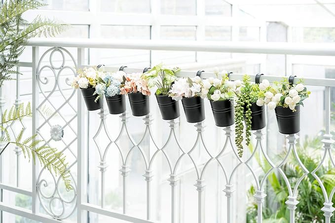 Dahey 15.7 and 4 Inch Metal Iron Hanging Flower Pots for Railing Fence Hanging Bucket Pots Countryside Style Window Flower Plant Holder with Detachable Hooks for Garden Yard Home Decor