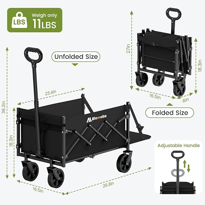 Blomoba 220LBS Foldable Wagon with All-Terrain Wheels, Portable Wagon Cart with Extended Tailgate, Adjustable Handle, Utility Cart for Camping, Shopping, Garden, Sports, Grocery, Black