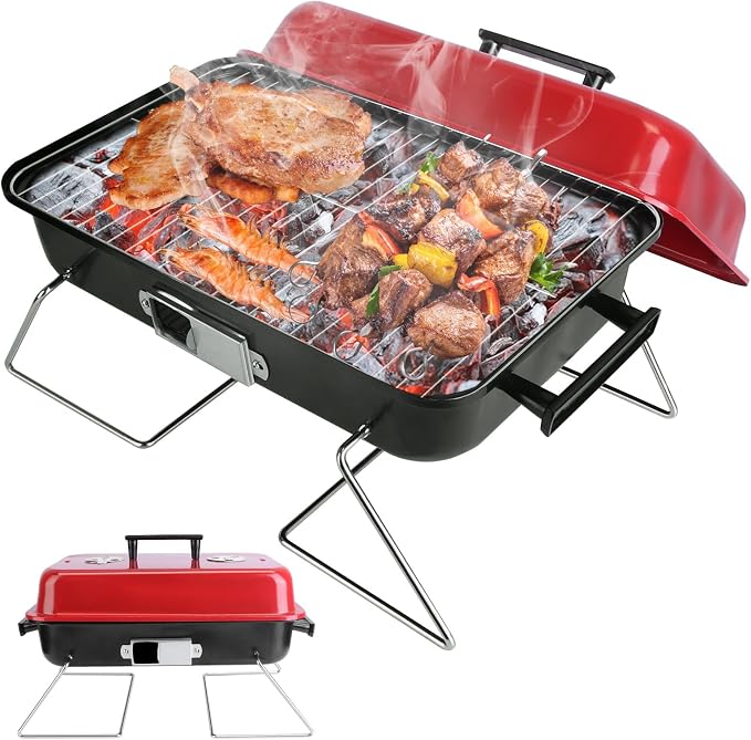 Portable BBQ Grill, Foldable Charcoal Grill Lightweight Smoker Grill for Outdoor Cooking Camping Hiking Picnics Tailgating Backpacking Party (Mini grill with lid(20x11x12"))