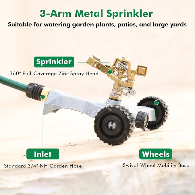 RESTMO 2 Pack Heavy Duty Full Metal Pulsating Sprinkler with Wheeled Base, 360° Rotating Impact Sprinkler for Large Area Lawn & Yard Irrigation, Adjustable Zinc Alloy Head for Flexible Coverage