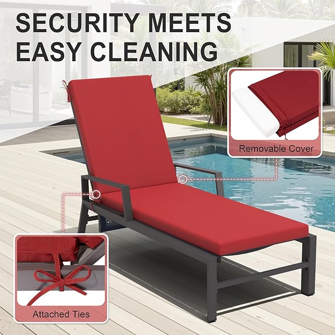Crestlive Outdoor Chaise Lounge Cushions, Fade Resistant Water Resistant Lounge Chair Cushion, 72''L x 21''W, Set of 2, Chili