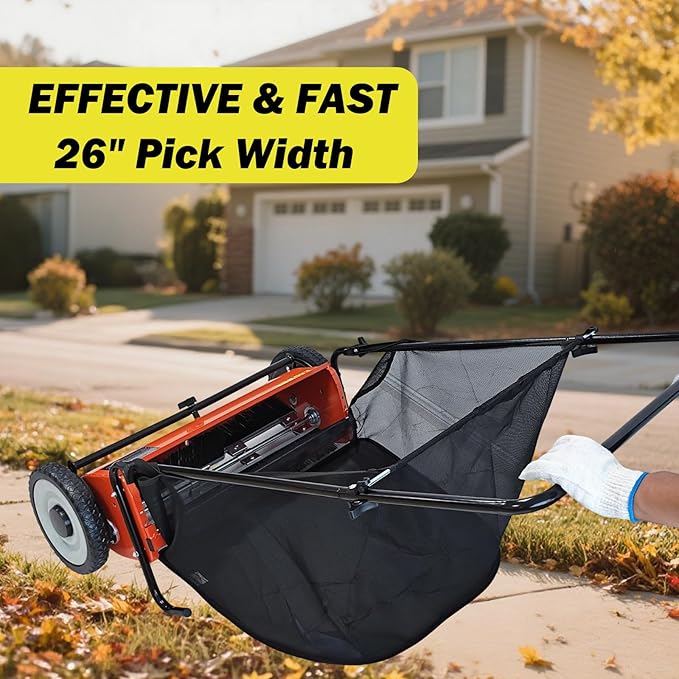 Push Lawn Sweeper, 26-Inch Width, 7 Cu. Ft. Hopper Capacity, 4 Spinning Brushes, Adjustable Height, Durable Steel Frame with Rubber Wheels, Orange