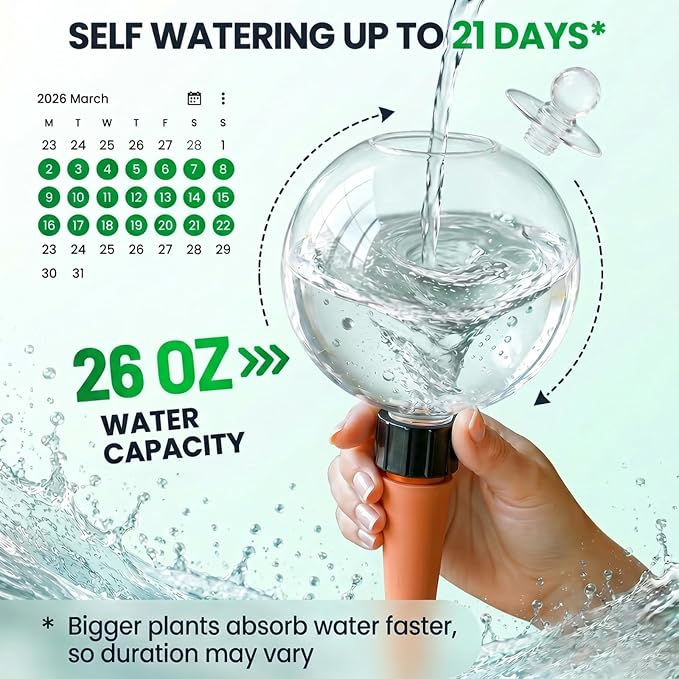 6 Pack 26 oz Extra Large Plant Self Watering Globes with Caps, Slow Release Watering Bulbs for Indoor/Outdoor Plants, Up to 3 Weeks Watering, Durable for Vacation, Gift for Plant Lovers