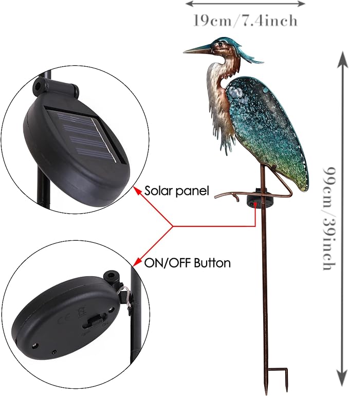 TERESA'S COLLECTIONS Blue Heron Garden Decor for Outside, Glass Solar Lighted Lawn Ornament for Yard Art, Weatherproof Decorative Stake for Patio Outdoor, 39 Inch