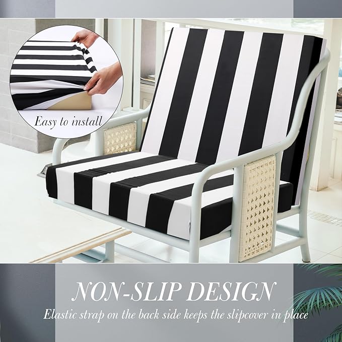 Newwiee 8pcs Patio Stretch Cushion Covers Stripe Outdoor Cushion Covers Replacement Patio Furniture Couch Slipcover Sofa Chair Seat, Thin Fabric Breathable Soft Flexibility Protector(Black White)
