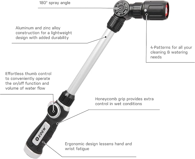 Eden 94621 PRO Metal 18 in. Turbo Watering Wand | 4 Spray Patterns, Thumb-Control Garden Hose Sprayer with Adjustable Head & Quick Connect Set for Lawn, Garden & Outdoor Cleaning