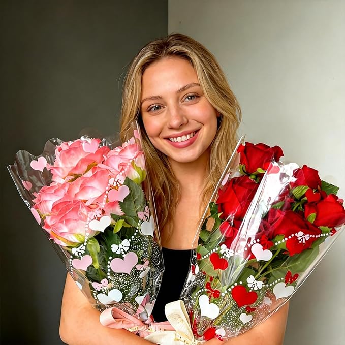SELANTAG 100 Pack Pink Heart Clear Flower Bags for Bouquets,Valentine's Day Heart Flower Bouquet Bags, Floral Wrapping bag, Sleeves Perfect for Mother's Day, Wedding (10.6in x 17in x 3.9in)