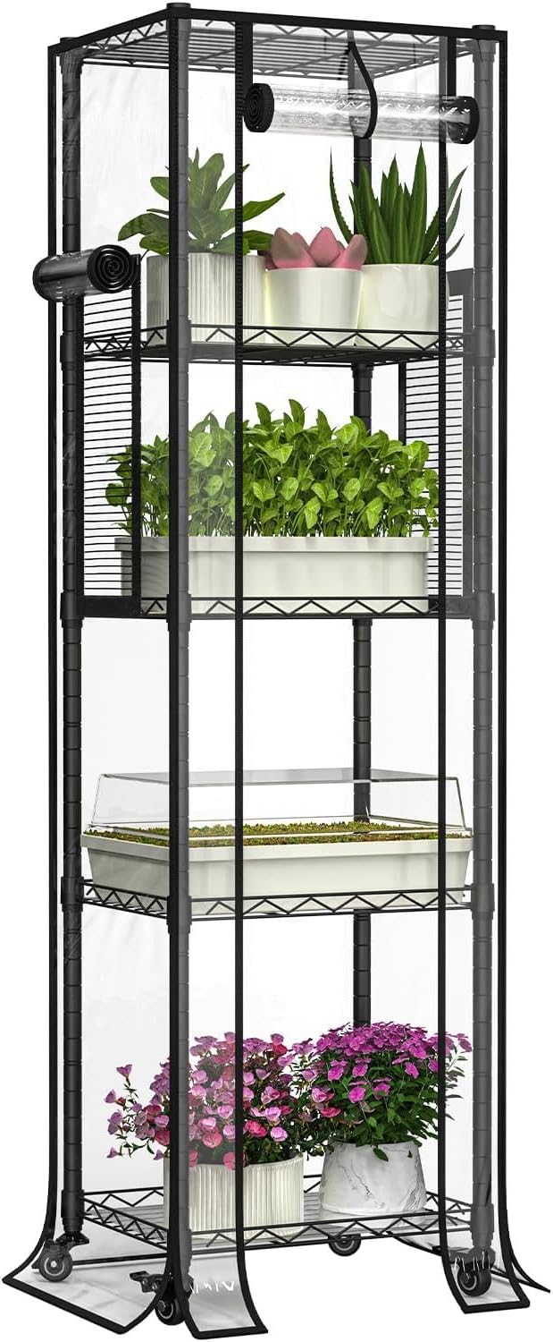 5-Tier Greenhouse for Indoor Outdoor , 15.7" L×11.8" W×62.3" H | Portable Greenhouse with Wheels，Clear PVC Cover and Metal Shelf，for Growing Flowers and Seedlings