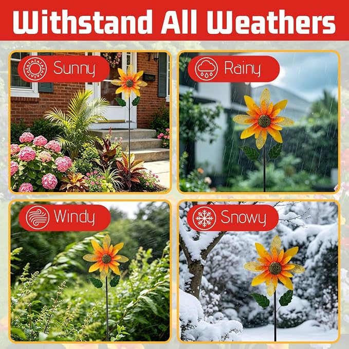 Viveta Sunflower Wind Spinner,13.7 * 58" Metal Wind Sculpture, Flower Garden Spinner,Pinwheel Decor for Yard and Garden Lawn Patio
