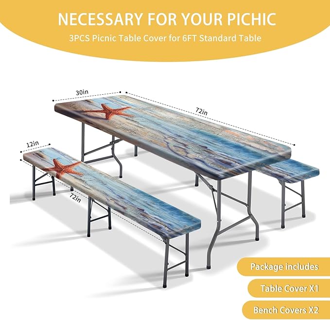 Park Picnic Table Cover with Bench Covers Lightweight Camping Essentials, Oil-Proof Waterproof 3PCS Tablecloth with Elastic, Fitted for Table 6FT Rectangle and Seats, Board Beach (72x30in)
