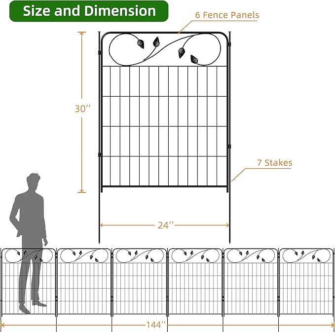 FOREHOGAR Decorative Outdoor Garden Fence 30in(H) X12ft(L) 6 Panels+7 Stakes Leaf Black Metal Garden Fencing for Landscape Lawn Patio, Temporary Animal Barrier Fences for Dogs
