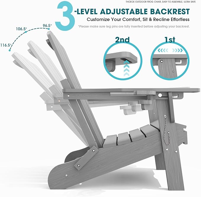THOEOE Folding Adjustable Adirondack Chairs with Ottoman & 1 Cup Holders, HDEP Multifunctional Adirondack Chair with Footrest,Grey
