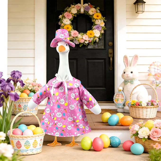 Easter Porch Goose Outfits,Cute Easter Bunny Costume for 17"/23" Inch Large Porch Goose,Spring Easter Rabbit Goose Clothes for Garden Porch Yard Lawn Patio Decor