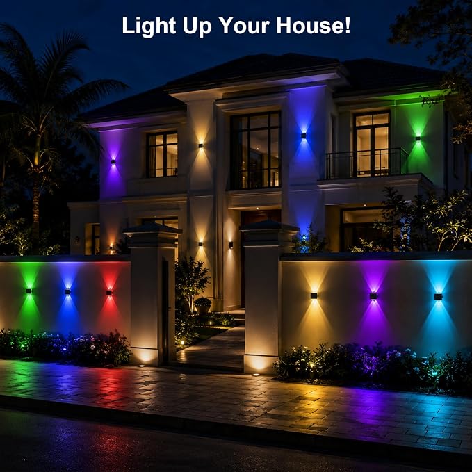 Solar Fence Lights Outdoor Waterproof LED, New Up Down Glow Wall lights Solar Powered with 8 Modes 6 Color Changing Warm White & RGB Cycling, Solar Patio Light for Backyard Railing Deck Decor-12 Pack