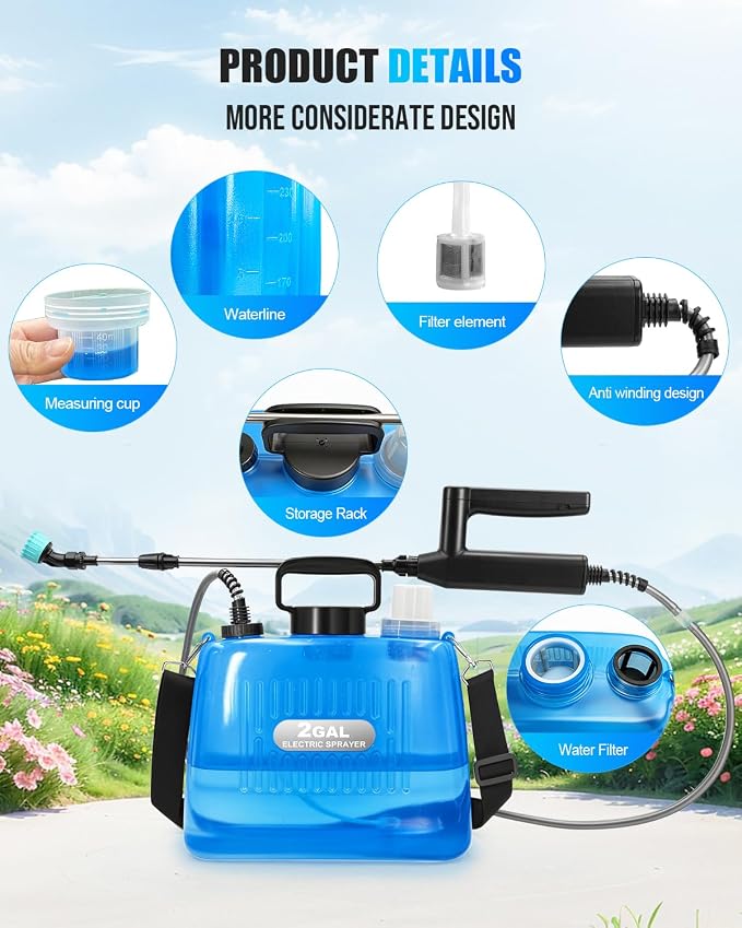 Battery Powered Sprayer 2 Gallon, Electric Weed Sprayer with 3 Adjustable Pressure Levels, 4 Nozzles & Extendable Wand, Rechargeable Garden Sprayer for Yard, Lawn, Plants & Fertilizer