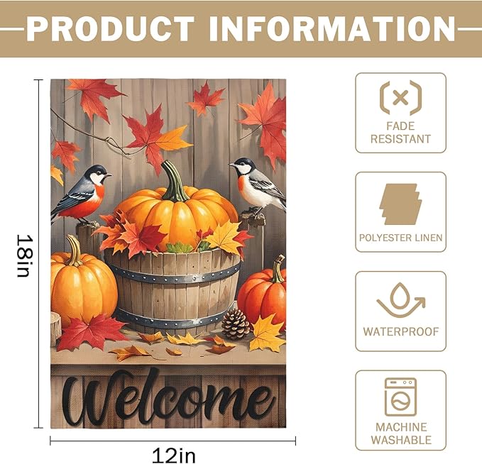 Fall Pumpkin Bird Garden Flag 12x18 Inch Welcome Autumn Watercolor Maple Leaf Harvest Theme Thanksgiving Decorative Yard Flags for Outside Double Sided Outdoor Home Farmhouse Decoration Porch Decor