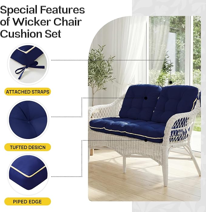 1 MIDDLE ONE Wicker Chair Cushions 3 Pieces Set for Outdoor Furniture, Replacement Patio Wicker Furniture Cushions, 1Pc Loveseat Cushion & 2Pcs Chair Cushions (Oxford-Blue)