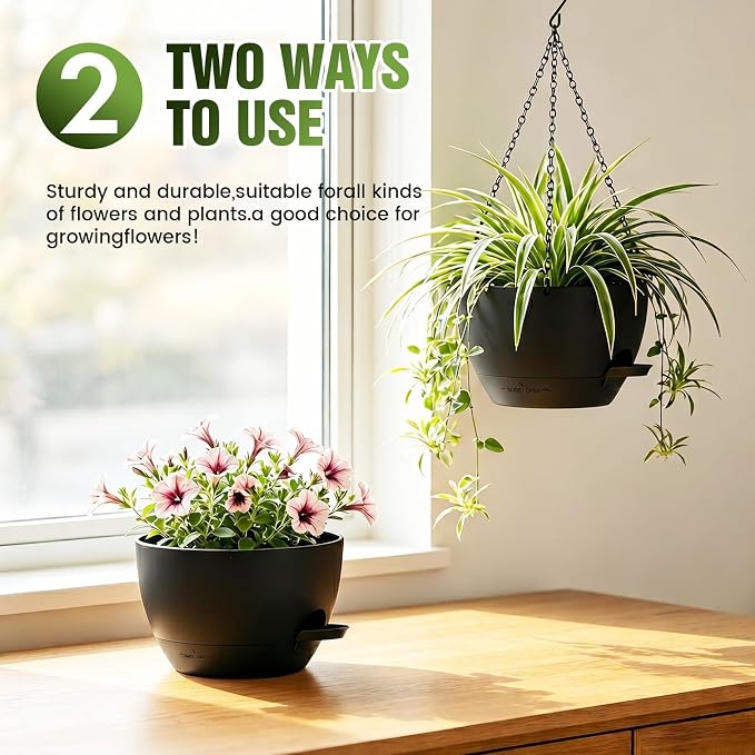 8 Inch Self Watering Hanging Planters, 3 Pack Plastic Plant Pots | Sturdy lightweight pot with side watering lip, drainage holes, snap-on detachable tray & hanging chain for easy care