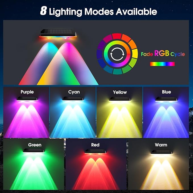 AUDLES Solar Fence Lights Outdoor, 8 Modes Warm & RGB 6 Color Fence Lights Solar Powered for Outside, IP65 Waterproof, 60 Lumens Solar Light for Step, Pathway, Garden, Deck, Stairs - 8 Pack