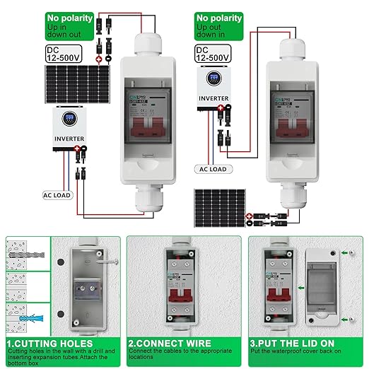63 Amp Solar Disconnect Switch DC500V Circuit Breaker AC 120V/240V Disconnect Box Outdoor IP65 Waterproof