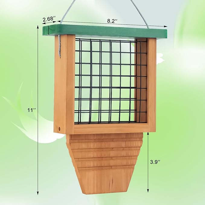 Gbekery Wooden Suet Bird Feeder for Outside Hanging, Woodpecker Suet Feeder with Tail Prop, Hanging Bird Feeder for Wild Birds, 1 Pack, Green