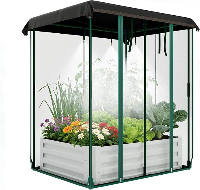 Garvee 48"x36"x12" Raised Garden Bed Kit with Shade Cloth & Irrigation, 3-in-1 Metal Planter Box with Insect Mesh & Drip System, Self-Watering Outdoor Galvanized Raised Bed for Vegetables Flowers