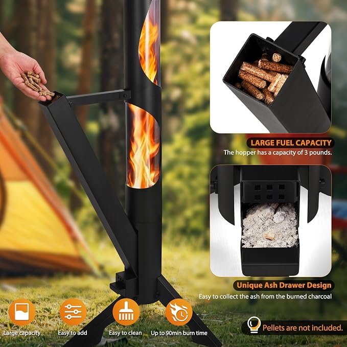 56" Pellet Stove with Removable Ash Tray, Portable Rocket Stove with Glass Tube, Outdoor Fire Pit Fireplace for Outside Backyard Patio Camping Beach Garden Bonfire Party Ambiance