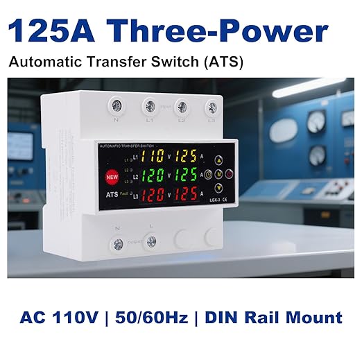 Automatic Generator Transfer Switch, 125A 120V 3 Pole Transfer Switch for Generator Backup Power & RVs, LED Display, Priority Phase Selectable, Over/Under Voltage Protection, DIN Rail Mount