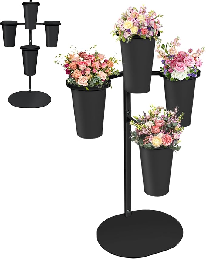 PROLEE Flower Display Stand with 4 Buckets, Flower Pot Stand, Flower Stand Metal, Florist Bouquet Shelf for Wedding, Party, Events, Oval Base, Black