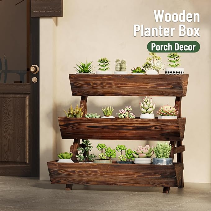 Vertical Wooden Raised Garden Bed, Garden Planters Freestanding Wood Plant Stand Flower Rack Wooden Planter Box for Plants Herbs Flowers Vegetables Outdoor Indoor Gardening (3-Tier Large Carbonized)