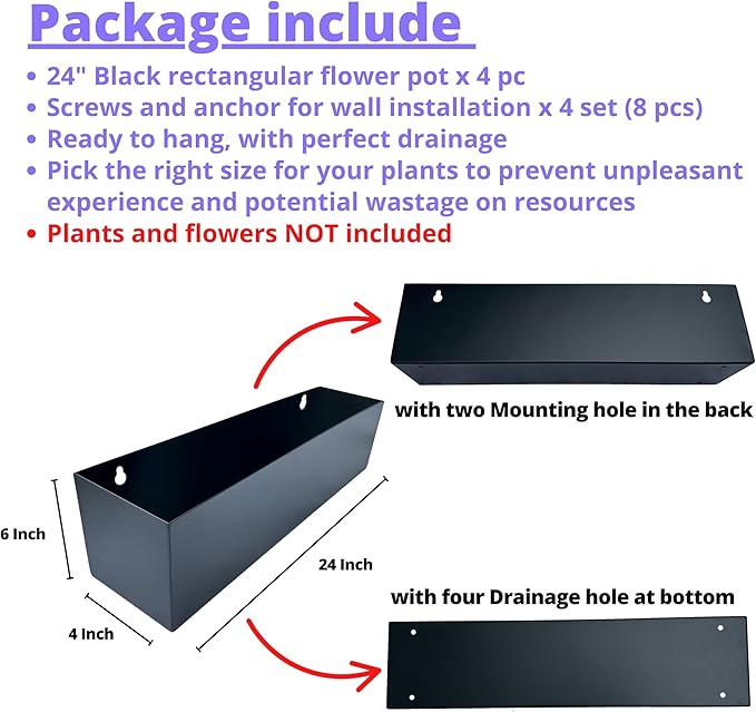LaLaGreen Wall Planters for Outdoor (24 Inch, 4 Pack) Carbon Steel Black Metal Hanging Flower Pot for Succulents, Wall Mount Rectangular Window Sill Box Fence Floating Garden Shelf Deck Indoor Decor