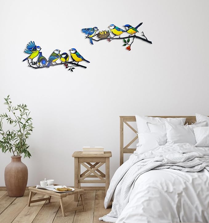 Meduofon Metal Bird Wall Decor, Vivid Feed the Bird Metal Wall Art Lovely Hummingbird Outdoor Decor Suitable for Porch Fence Garden Patio Outdoor Indoor Wall Decorations (2 Pack Multiple Birds Blue)