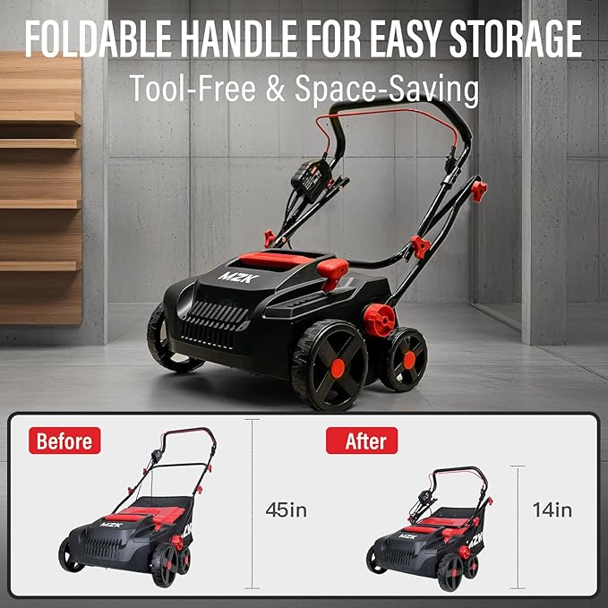 MZK 15-inch 2-in-1 Electric Dethatcher and Scarifier w/Removeable 5-Position Height Adjustment,Lawn dethatcher w/12-Gallon Thatch Collection Bag,Keep Lawn Health