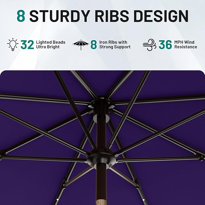 AreShark 9FT Patio Umbrella for Outdoor, Lighted Pool Umbrella w/Tilt and Crank, Outdoor Uumbrellas for Patio, Garden, Deck, Backyard, Pool and Beach, Deep Purple