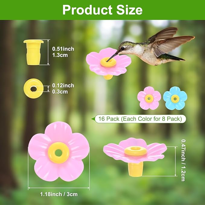M METERXITY 16-Pack Hummingbird Feeder Replacement Flowers, Plastic Pet Hummingbird Feeding Parts Feeding Ports for Outdoor Hanging Feeders, Bees Guards [Rose Pink, Blue]