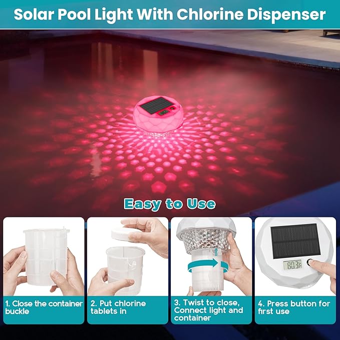 Solar Pool Chlorine Floater, Pool Light that Float With Thermometer, Remote, 8 Lighting, Timing Mode, IP68 Waterproof, Floating Chlorine Tablet Dispenser for Pool, Spa Bathtub, Hot Tub, Pond Decor