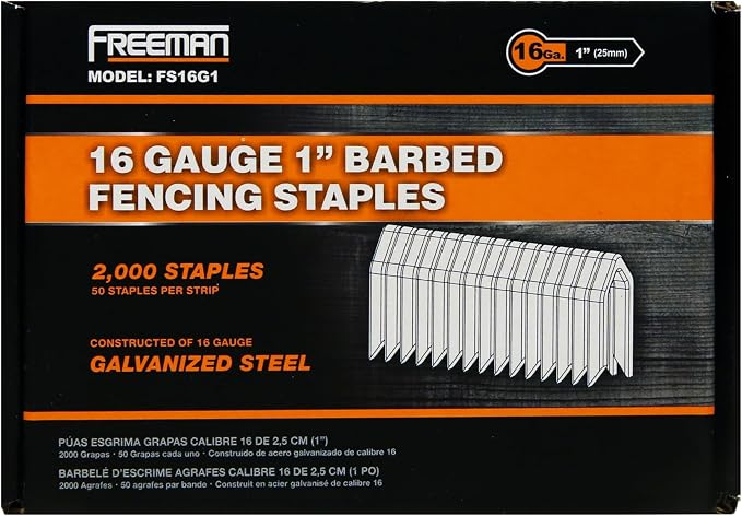 Freeman 16-Gauge Fencing Staples | 1" | Glue Collated | Galvanized Steel | 2000 Count | Indoor and Outdoor | Livestock Fencing, Pet Enclosures, Heavy Mesh, Deer Prevention, and Farming | FS16G1