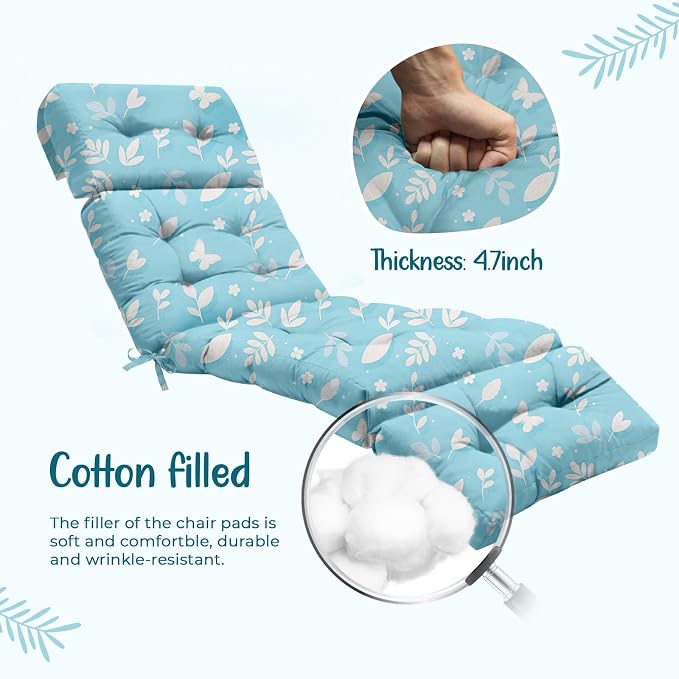 2 Pcs Outdoor Chaise Lounge Chair Cushion 75.1 x 22.8 x 4.7 Inches 100% Waterproof Replacement Cotton Patio Pool Lounge Chair Cushion for Outdoor Furniture with Ties, Blue Daisy
