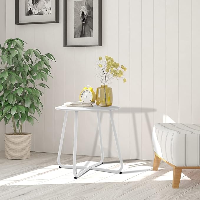 Meluvici Patio Outdoor Side Table Waterproof Round Metal Steel Small Side Table Weather Resistant Portable Outdoor and Indoor End Table for Garden Balcony Yard, White