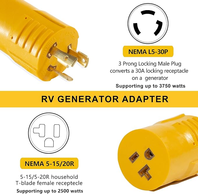 30 Amp Shore Power Adapter - NEMA L5-30P to 5-15R/5-20R Twist Lock Plug RV & Marine Generator Connector, 110V/120V Household Outlet Converter with 3-Prong Locking Safe and Reliable Power Supply