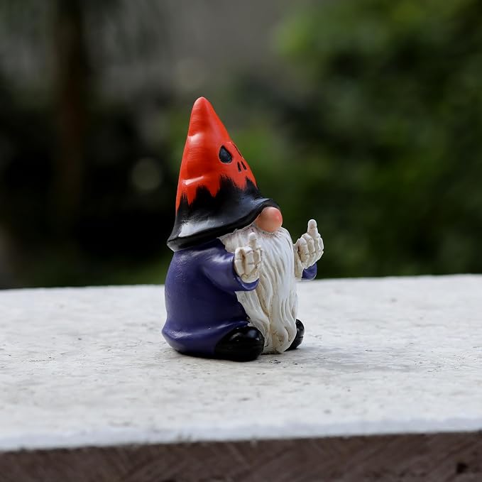 Halloween Middle Finger Gnome Statue with Skeleton Hands - Spooky Ghost Face Hat Resin Figurine 3.5in, Weather Resistant Indoor Outdoor Decor for Patio Yard Halloween Party, Novelty Edgy Gift